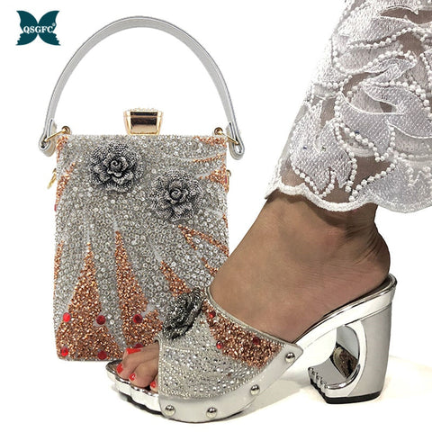 Italian Shoes & Bag Sets Silver Color